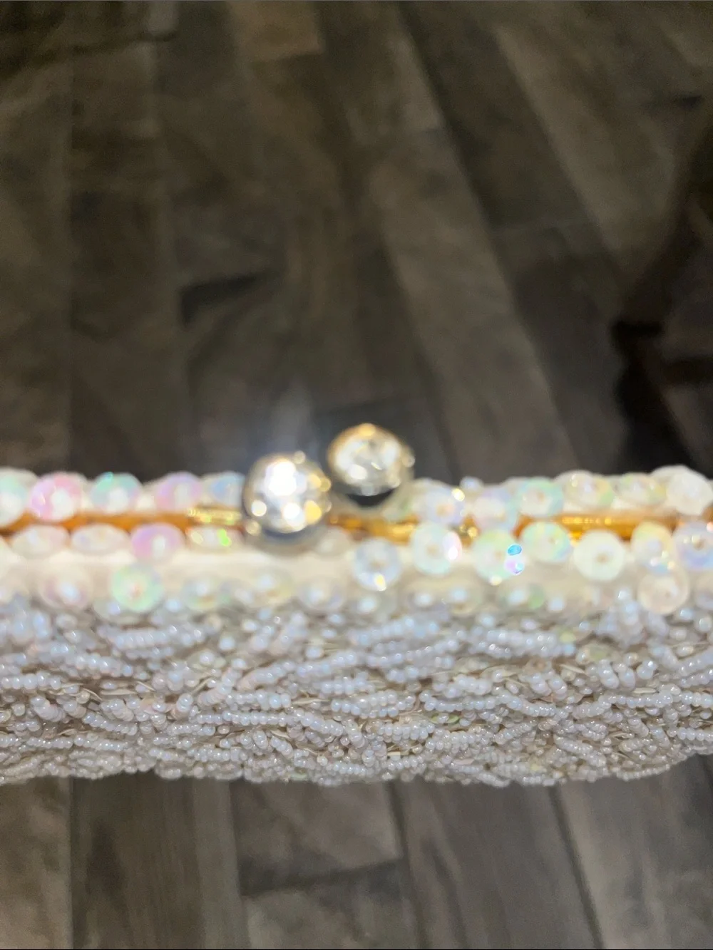 Vintage Iridescent White hand made intricate Sequin Evening Clutch w/Gold Chain